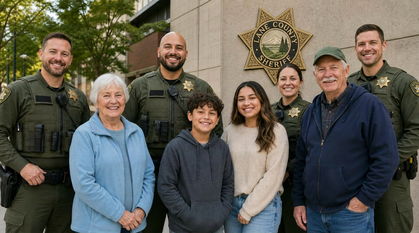 Lane County Sheriff's deputies with community members holding thank-you cards